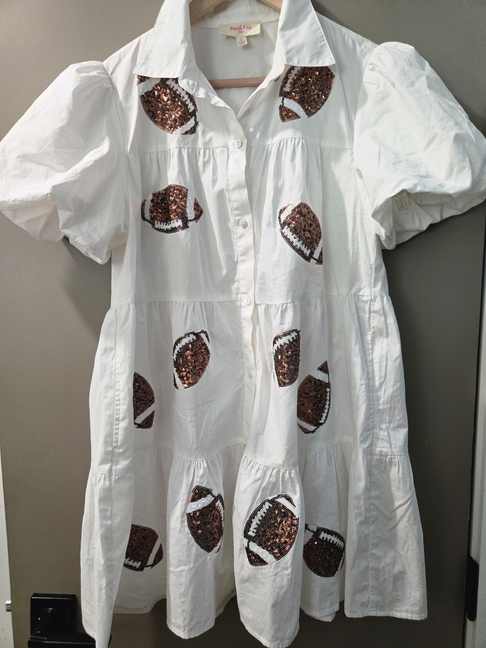 Peach Love California White Tiered Shirt Dress with Copper Sequin Footballs
